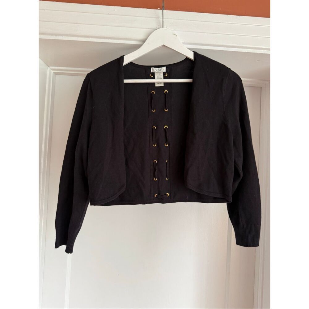 Cache Black w/ Gold Grommet Stitch Back Cropped Cardigan Sweater sz L EUC